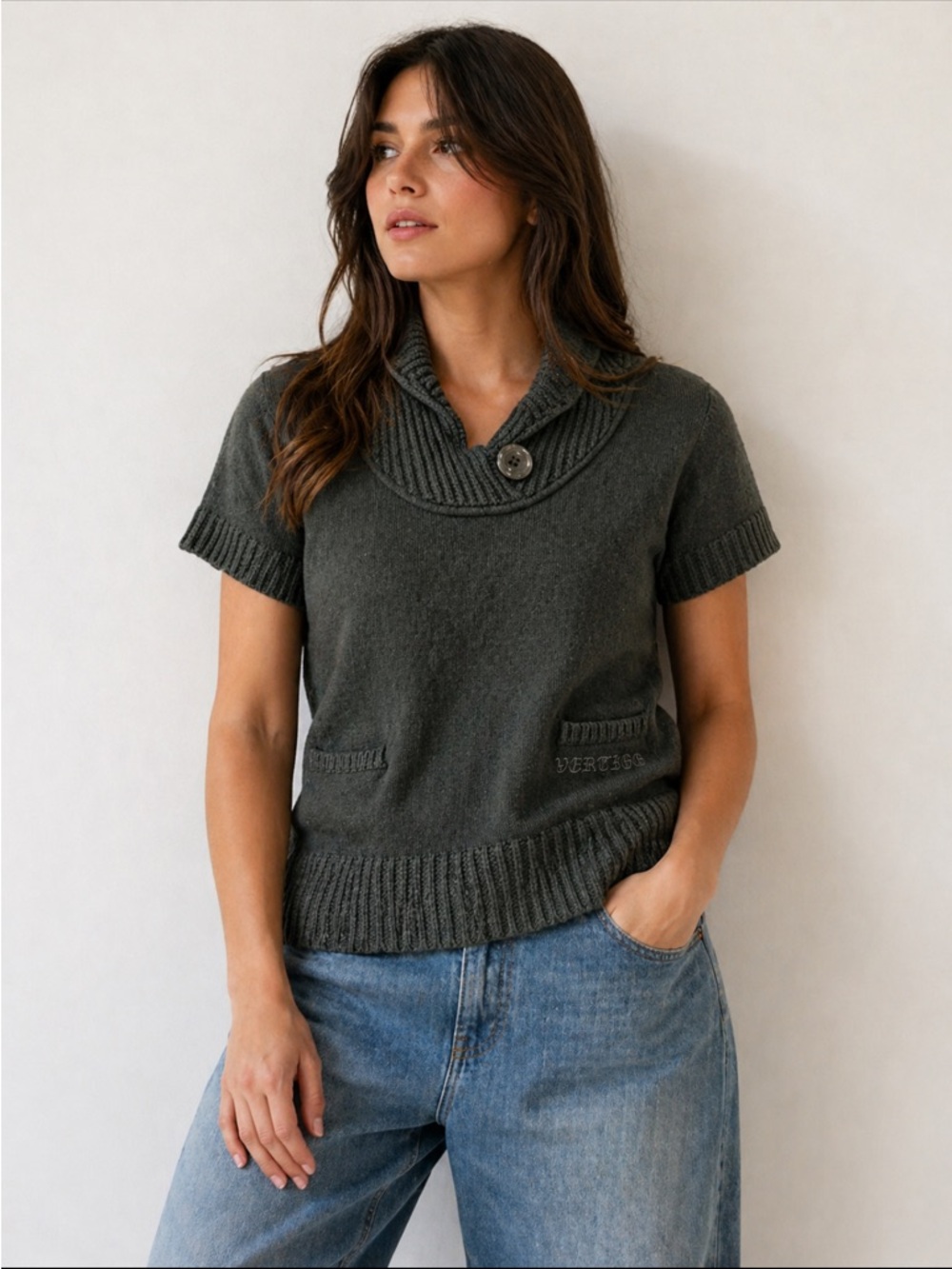 Vertigo Paris Sweater Womens Medium Angora Wool Blend Cowl Neck Short Sleeve
